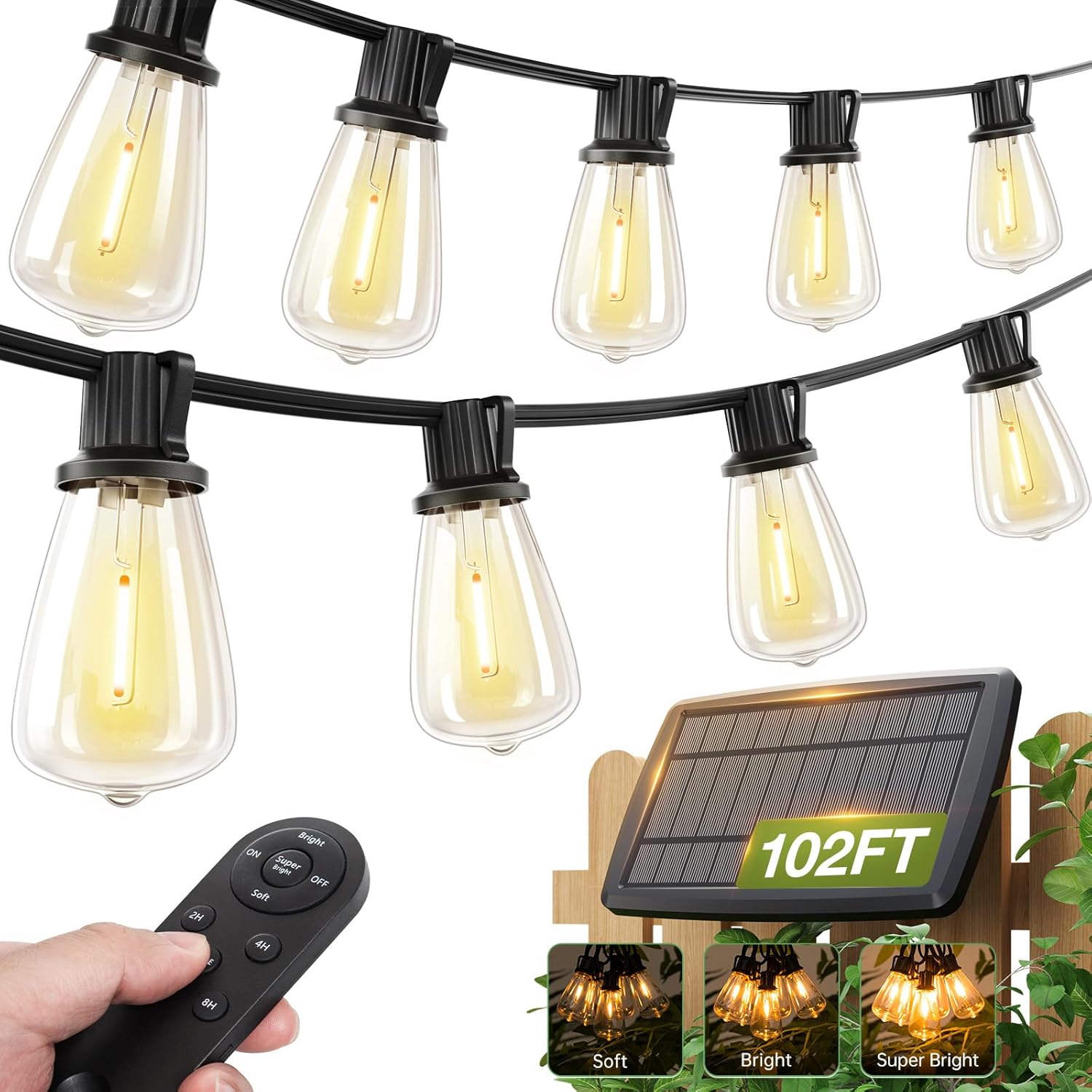 Solar Outdoor String Lights with Remote – 48FT Shatterproof LED Edison Bulbs