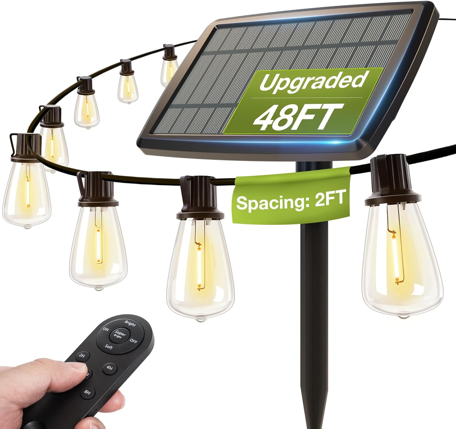 Solar Outdoor String Lights with Remote – 48FT Shatterproof LED Edison Bulbs