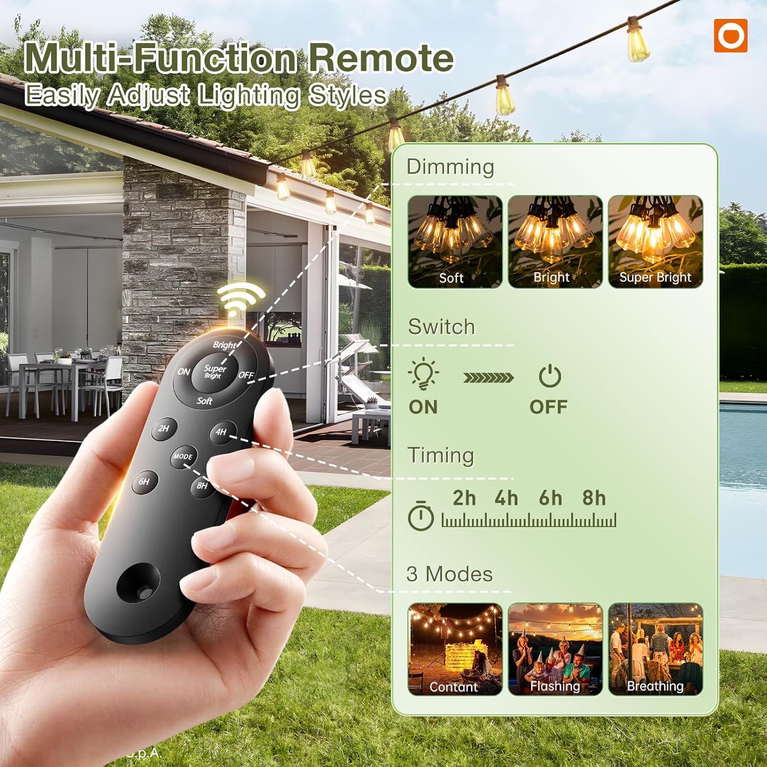 Solar Outdoor String Lights with Remote – 48FT Shatterproof LED Edison Bulbs